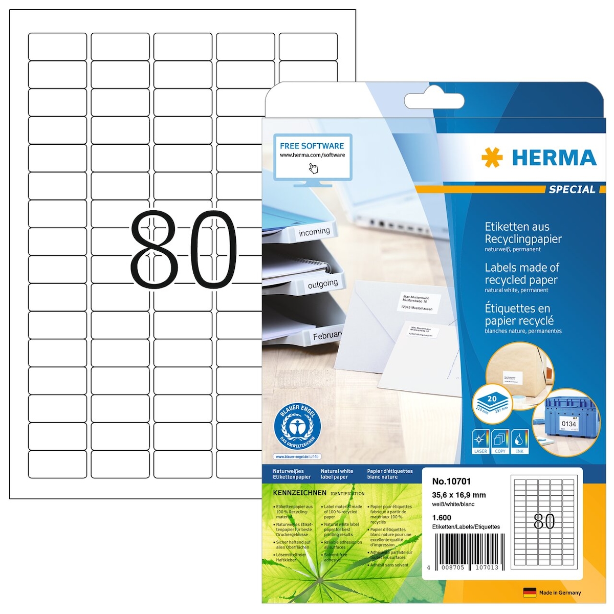 Herma Etiketten permanent 35,6 x 16,9 mm naturweiss 20 Bl 1600 Etik. Image