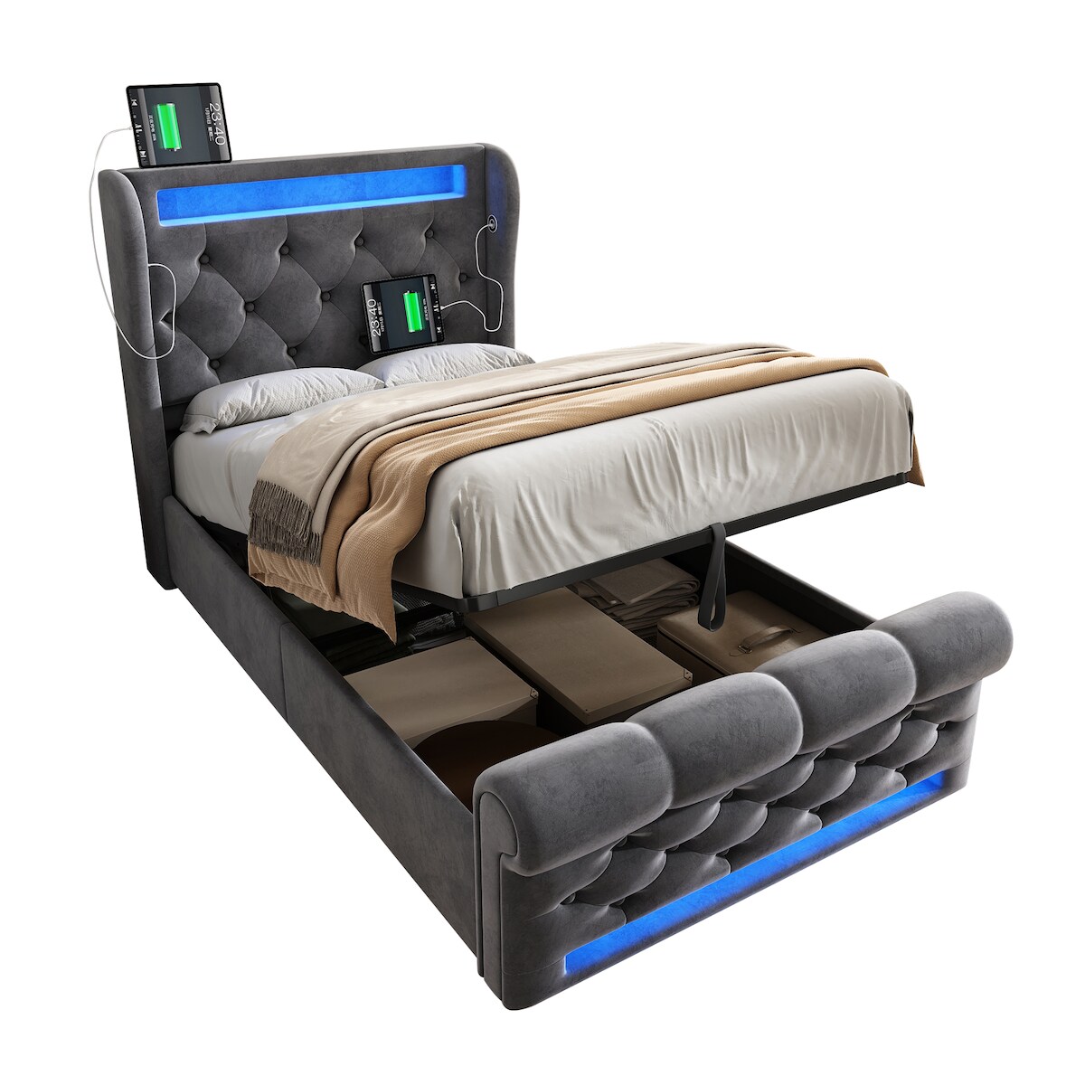 OKWISH Polsterbett mit hydraulischem Stauraum und LED-Lichtstreifen 90x200 cm – Grau, Samtbezug, USB-Ladestation, elegantes Design Image