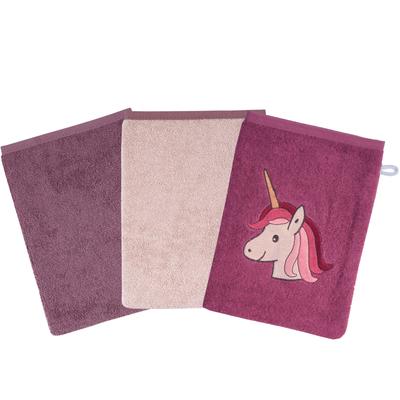 Waschhandschuh WÖRNER "Einhorn", lila (mauve), B:15cm L:21cm, Frottee, Handtücher (Packung), 3er-Set, mit Stickerei Image