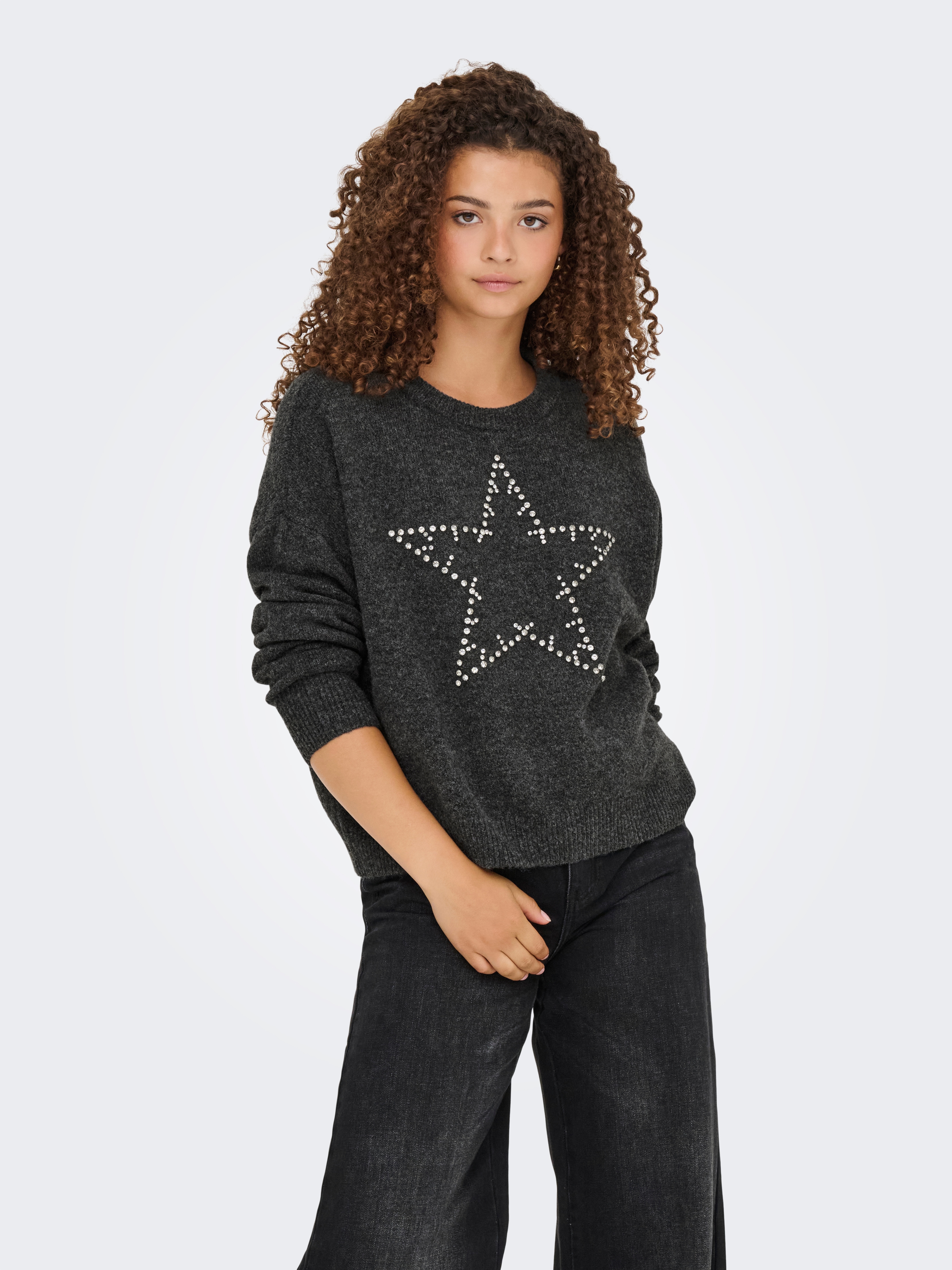 Strickpullover ONLY "ONLRENATA LS O-NECK BLING KNT", Damen, Gr. S, silber (dunkelgrau melange detail:silber bling), Strick, Obermaterial: 93% Polyester, 4% Wolle, 3% Elasthan, meliert, regular fit, Rundhals, Rippstrickbündchen, Pullover Strickpullover