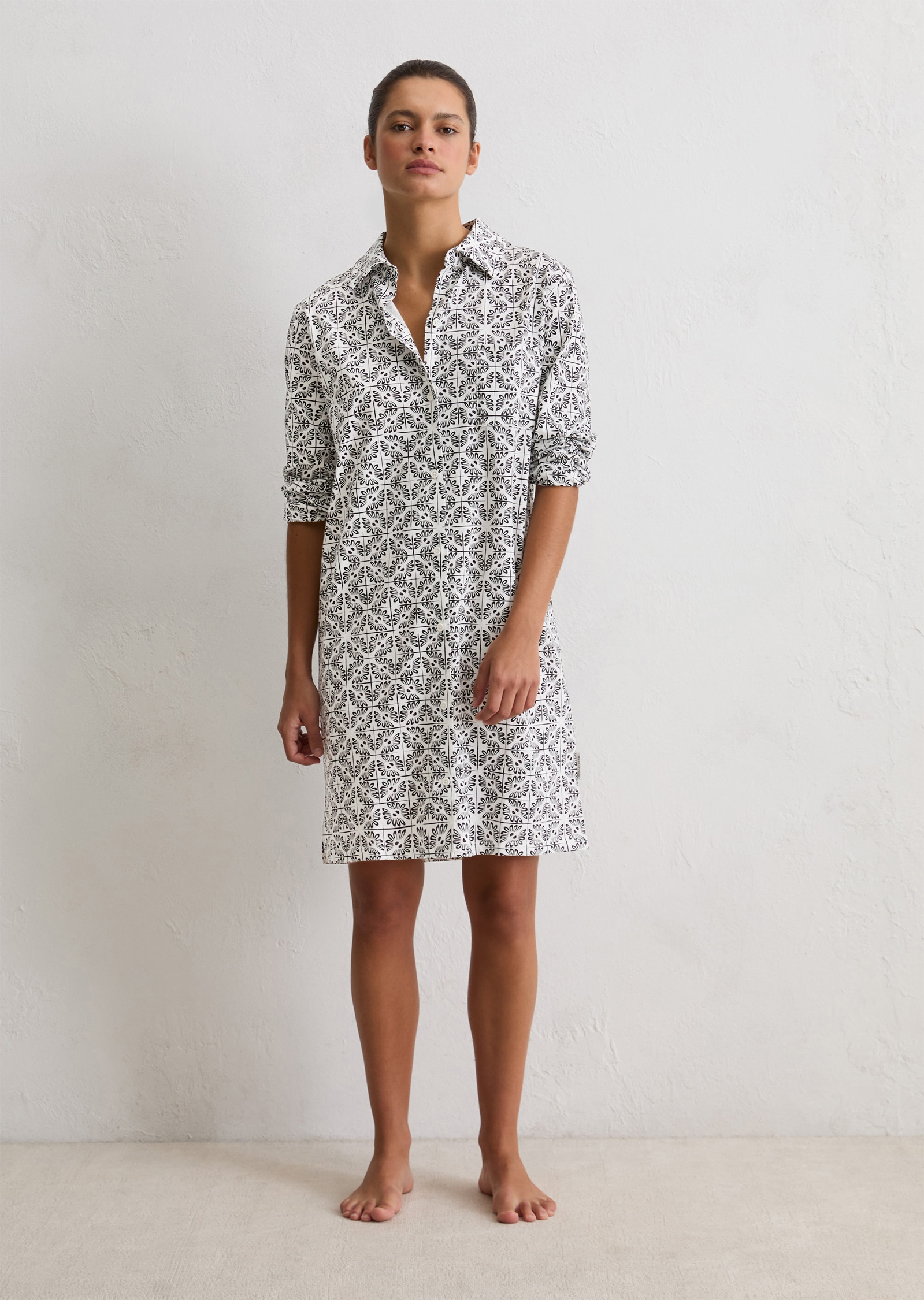 Nachthemd MARC O'POLO, Damen, Gr. S, N-Gr, weiß, Jersey, Obermaterial: 95% Baumwolle, 5% Elasthan, Casual, kniefrei, Kleider, Langarm, Baumwollmix, Knöpfe, bequem, elastisch, Allover-Print
