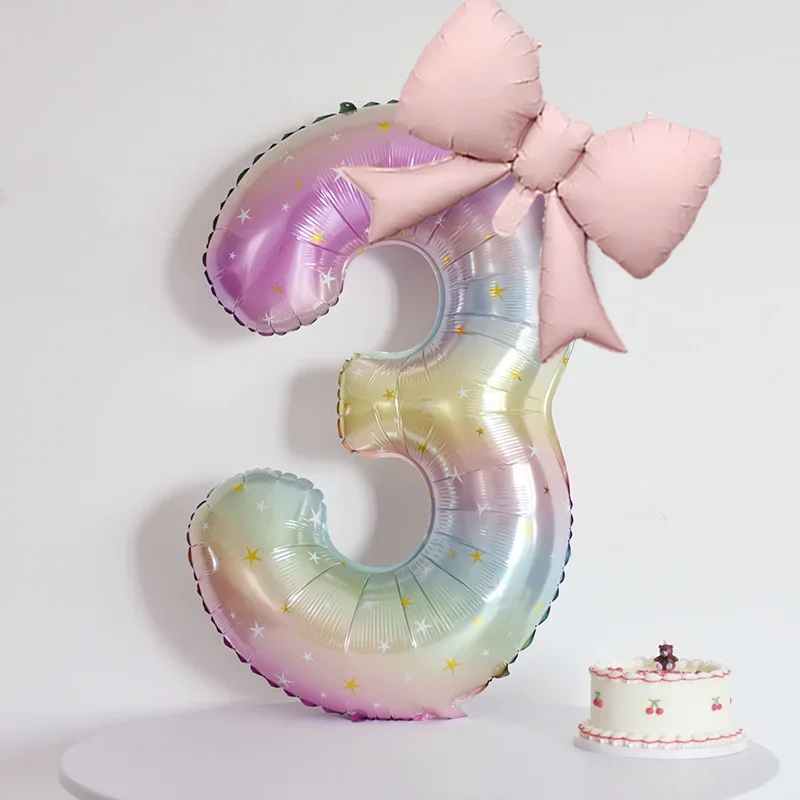 2 Stück 38 Zoll Regenbogen Farbverlauf Sternenhimmel Nummer 0-9 Aluminiumfolie Ballon Rosa Schleife Prinzessin Stil Geburtstag Party Dekoration Image