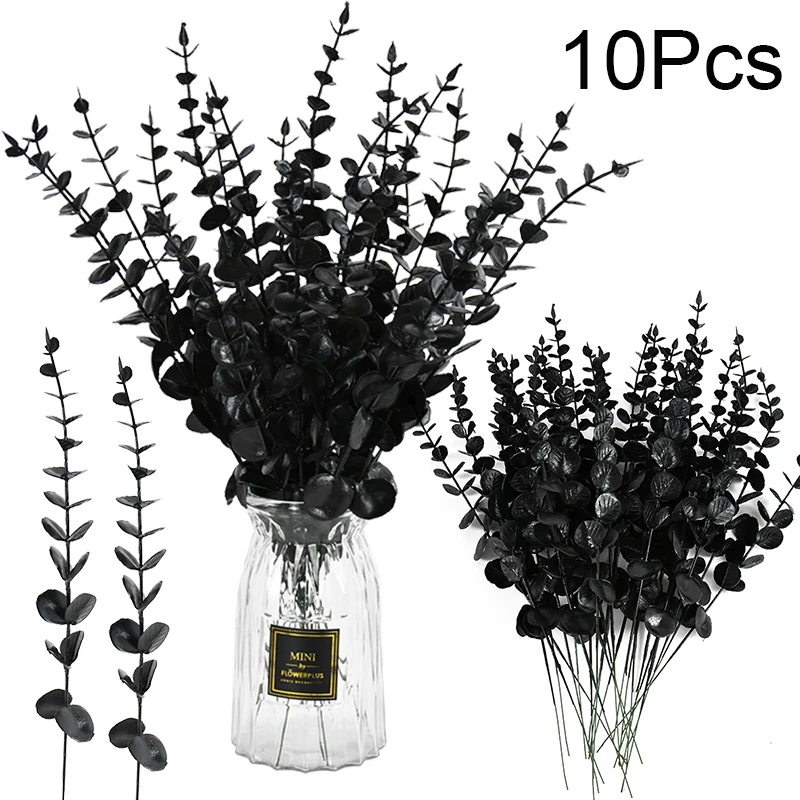 10 schwarze Halloween-Eukalyptusblätter, künstlicher Seidenblumenstrauß für Party, Zuhause, Tisch, Friedhof, Gothic-Dekor Image