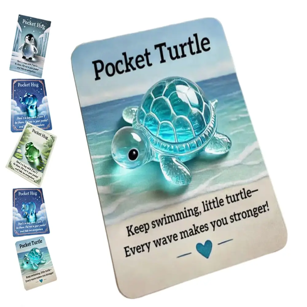 Tier-Taschen-Umarmungs-Geschenke, Mini-Tier-Umarmungs-Token aus Kunstharz, niedliches Taschen-Umarmungs-Schildkröten-Andenken mit positiver Karten, Ermutigungskarte Image