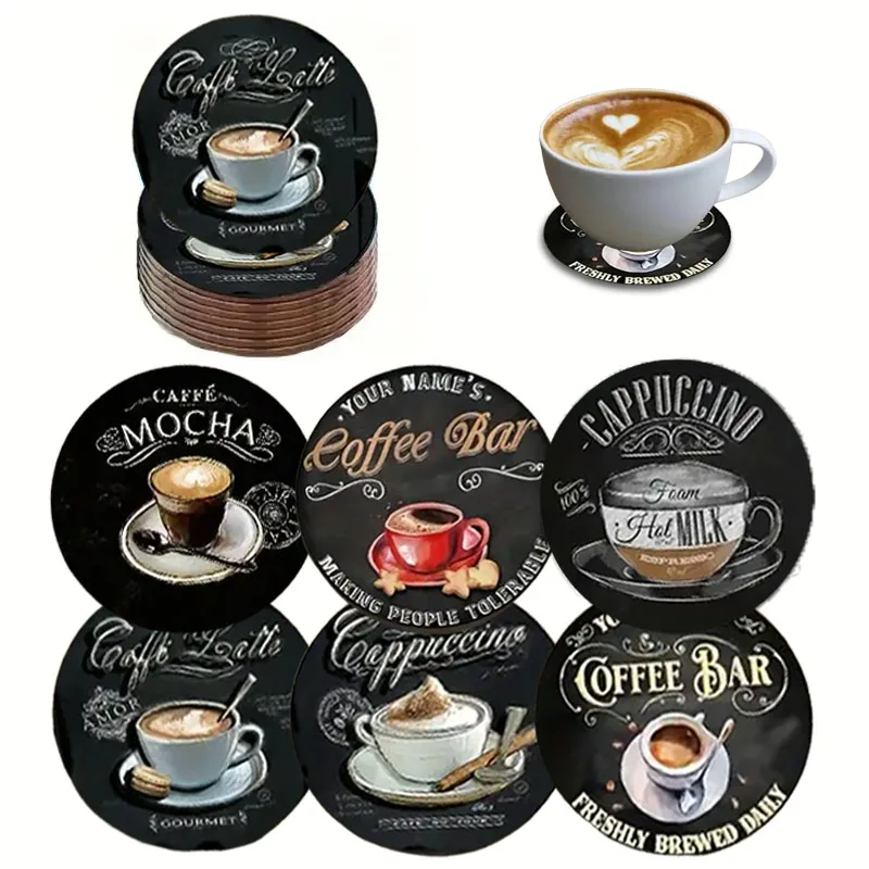 6er-Set rutschfeste Untersetzer aus Holz mit Kaffeetassenmustern, geeignet für die rutschfeste Dekoration in Bars und Cafés Image