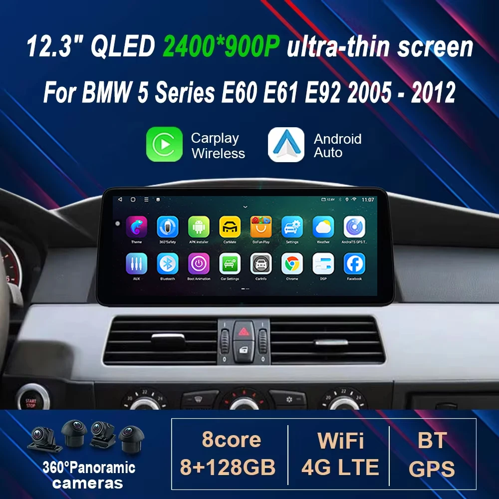 Für BMW 5er E60 E61 E92 2005–2012 12,3 Zoll ultradünner Android 14 Autoradio-Video-Multimedia-Player Drahtloses Carplay GPS 4G Image