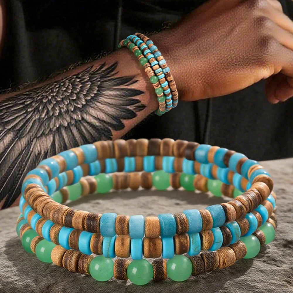 3-teiliges böhmisches Armband-Set aus Holz und Türkis, mehrlagig für Männer und Frauen, geeignet für den täglichen Gebrauch und als Geschenk Image