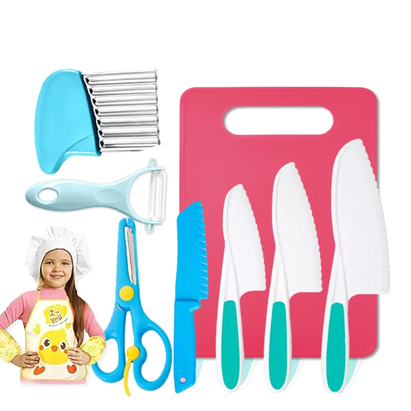 9PCS Kinder Kochen Cutter Messer Set Kunststoff Obst Messer DIY Kleinkinder Kind Sicher Schäler Messer Schneiden Bretter Küche Zubehör Image