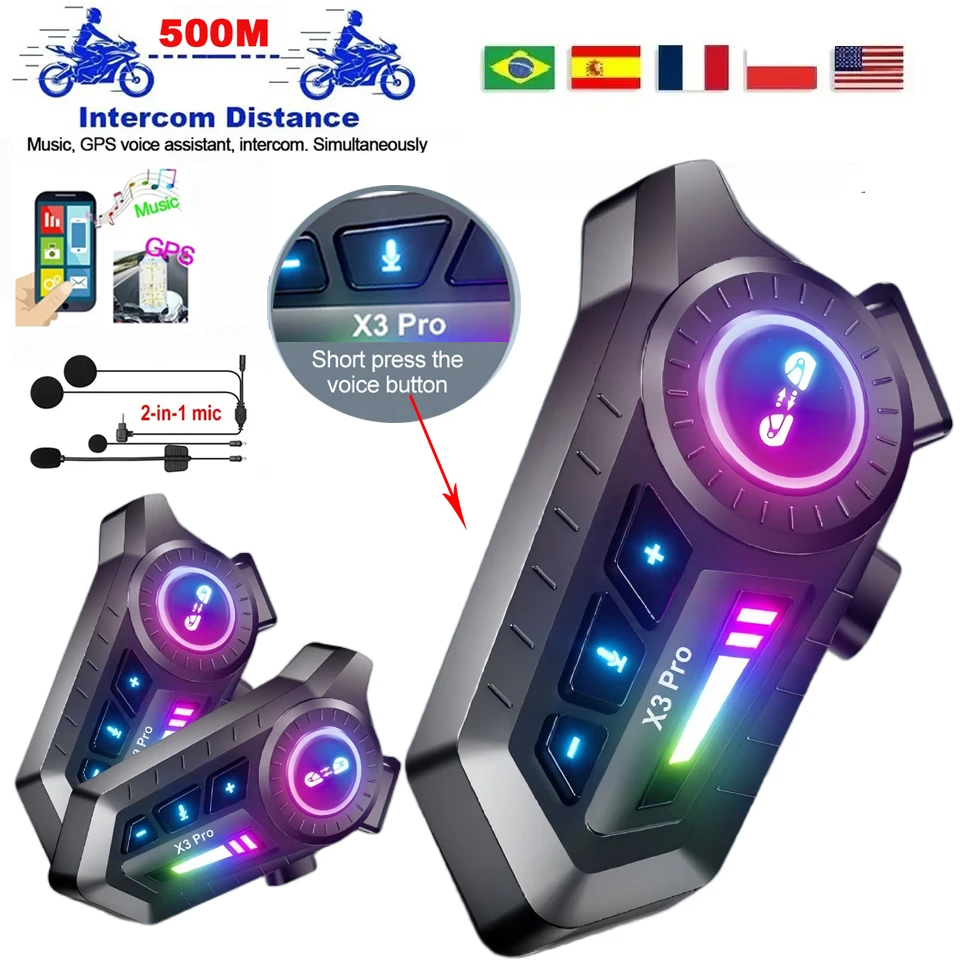 1/2Pcs Bluetooth 6,0 Motorrad Helm Intercom X3 Pro Wireless Headset Interphone Intercomunicador Moto Wasserdichte Kopfhörer Image