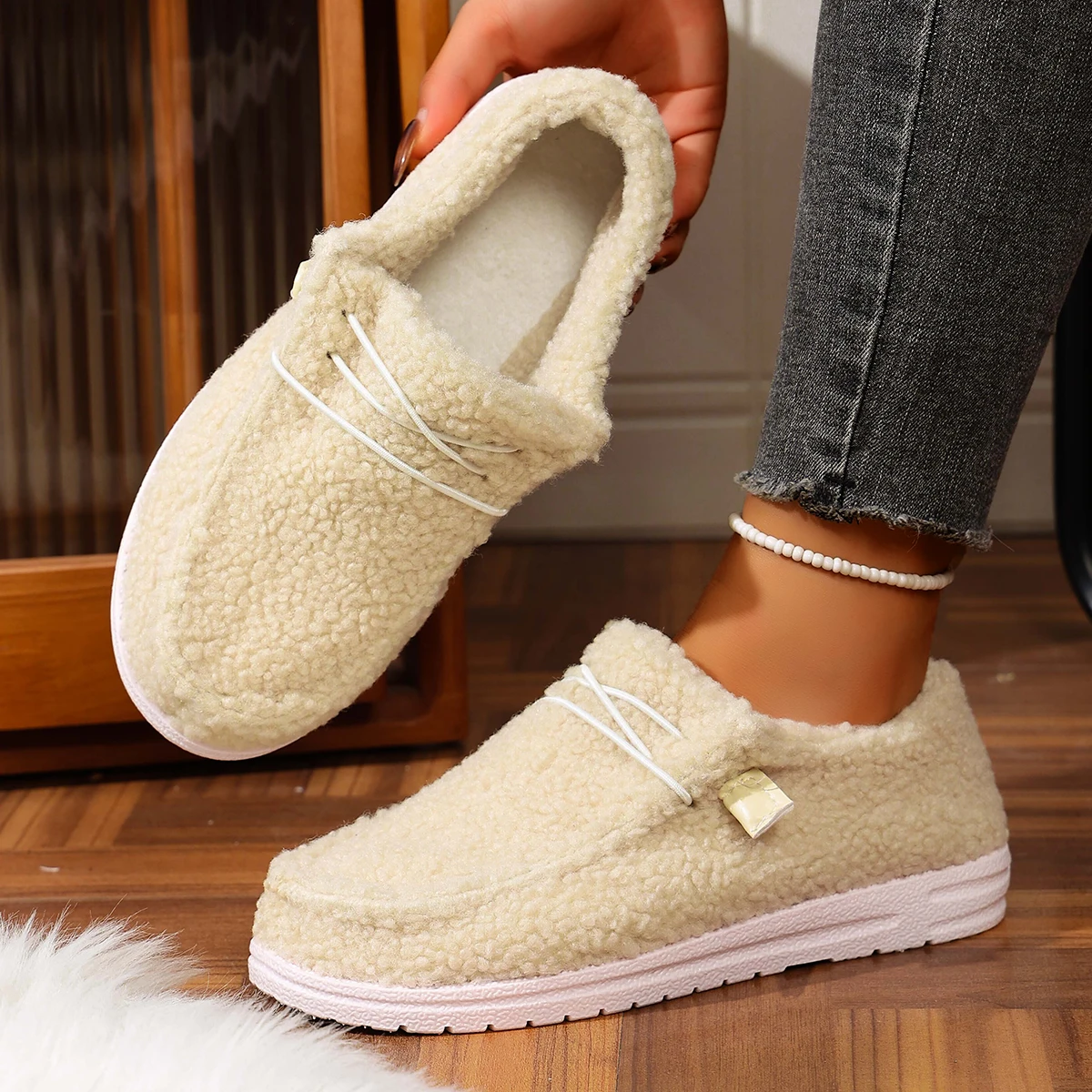 Frauen Wohnungen Stiefel 2025, Neue Mode Winter Warme Plüsch Schuhe Casual Bequeme Dicken Boden Wohnungen Stiefel Frauen Schuhe für Frauen