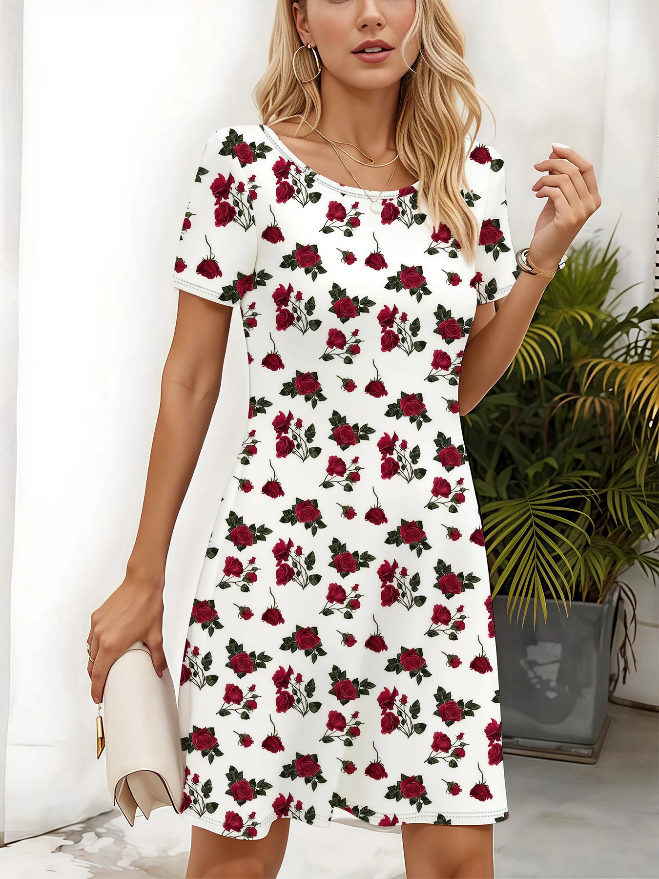 Damen-Kleider mit Blumendruck, rote Rosen auf weißem, ausgestellten Rock, elegantes Party-Alltagsoutfit, übergroße Y2k-Kleidung, Damenbekleidung Image