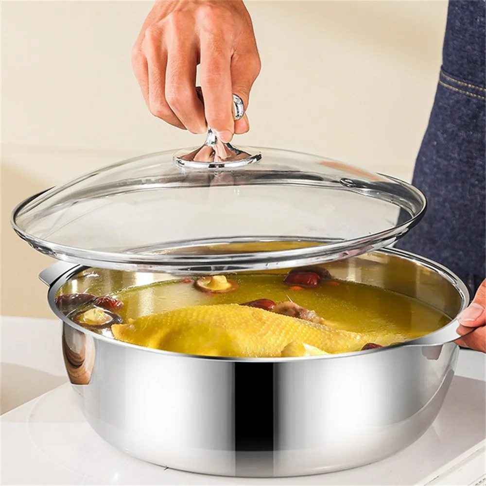 1 Stück Suppentopf aus Edelstahl mit klarem Deckel aus gehärtetem Glas – verdickter Doppelohrgriff zum einfachen Kochen und Servieren Image