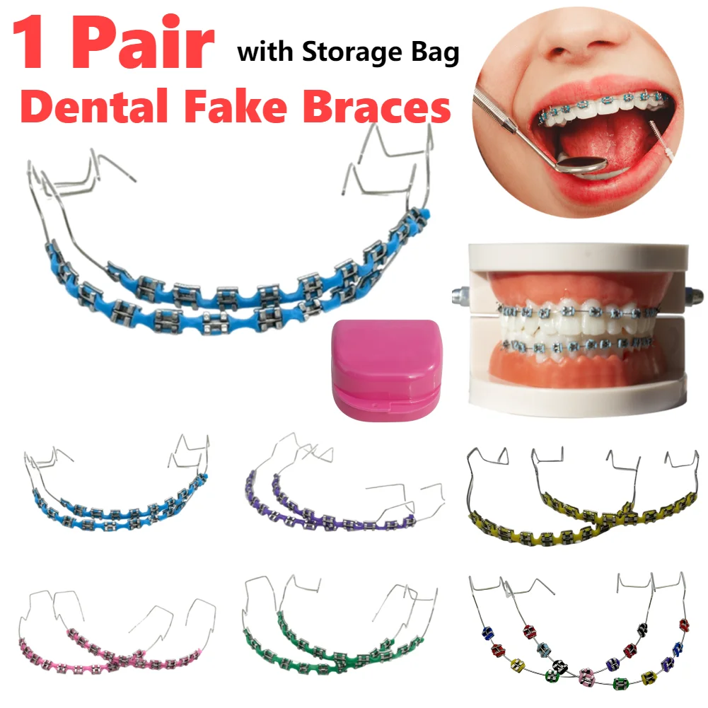 1 Paar temporäre Zahndekoration, gefälschte Zahnspangen mit Metalldrähten, Halterung, kieferorthopädische Zahnspangen, Übungs-Requisiten für Zahndekoration Image