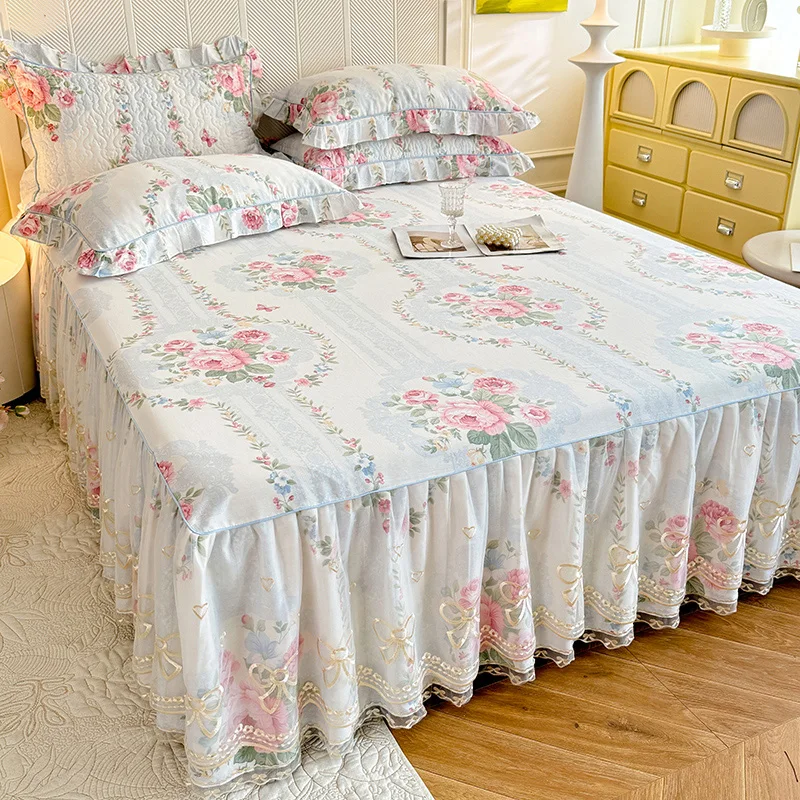 1 Stück Prinzessinnen-Bettrock, reine Baumwolle. Romantischer Spitzen-Matratzenbezug, rosafarbene Blumen-Schlafzimmerdekoration, Falda de Camal Mädchen-Tagesdecke 150 x 200 Image