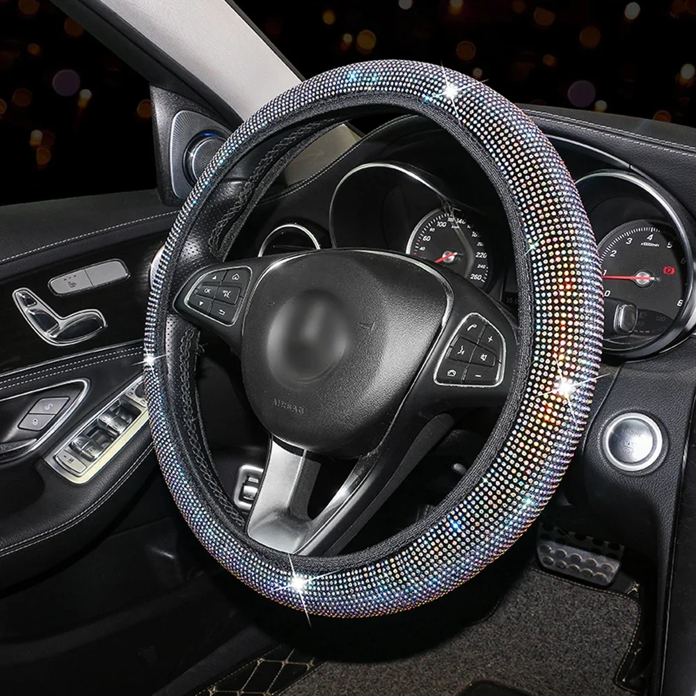 Mode Kristall Auto Lenkrad Abdeckung 38 cm Atmungsaktive Anti Slip PU Strass Auto Dekoration Diamant Auto Zubehör Image