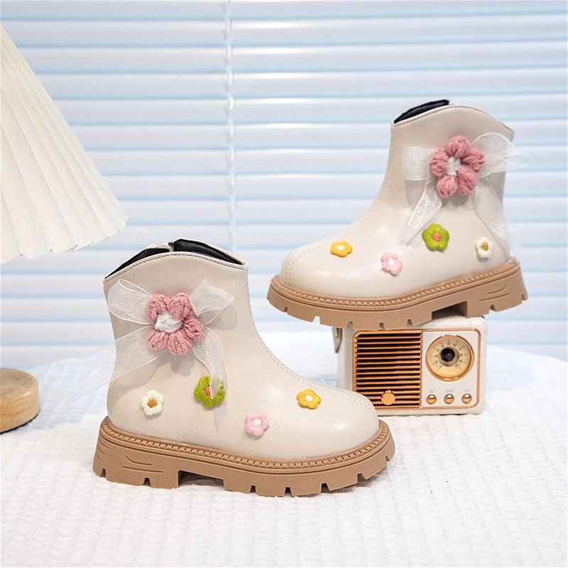 Herbst Mädchen Kurze Schuhe Mode Niedlichen Plüsch Kinder Schuhe PU Leder Luxus Schwarz Weben Blumen Kinder Sneaker Mädchen Stiefeletten