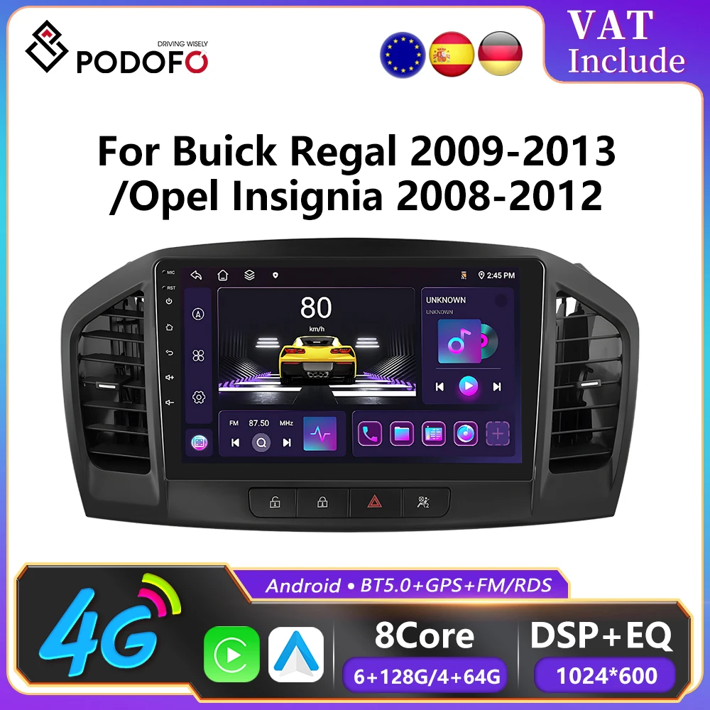 Podofo 6 + 128G Autoradio Per Buick Regal 2009-2013/Opel Insignia 2008-2012 Wireless CarPlay Android Auto Car Sistemi Intelligenti