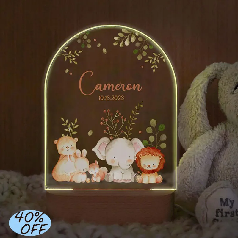 Benutzerdefinierte Name Baby Nachtlicht personalisierte Cartoon Tier Acryl Lampe Kinderzimmer Dekor Weihnachtsgeschenk für Mädchen Jungen Nachttischlampe