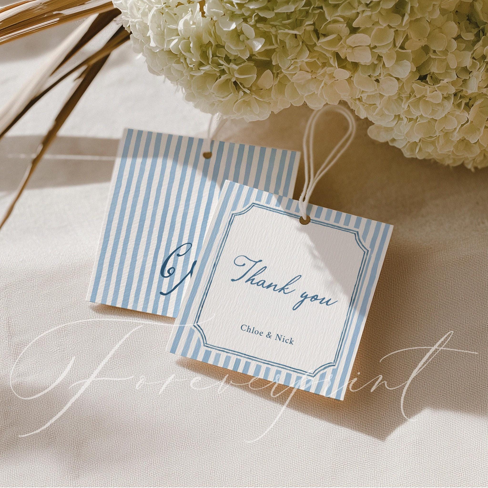 Modello di etichetta di ringraziamento a righe blu, etichetta di ringraziamento modificabile, etichetta regalo stampabile per matrimonio, baby shower,