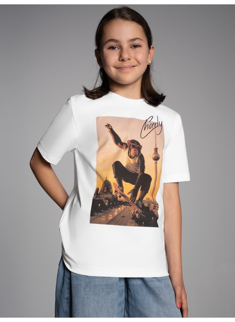 T-Shirt TRIGEMA "TRIGEMA T-Shirt trigema Affe Charly Skateboard", Mädchen, Gr. 152, weiß, 100% Baumwolle, Basic, Shirts T-Shirt