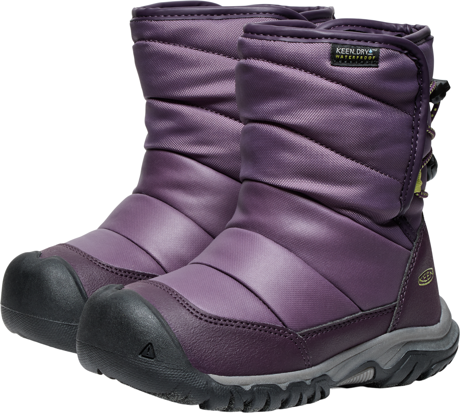 Winterboots KEEN "PUFFRIDER WP", Damen, Gr. 30, grün (schwarz plum, daiquiri grün), Synthetik, Textil, Schuhe, Winterschuhe, Winterstiefel, Snowboots, wasserdicht
