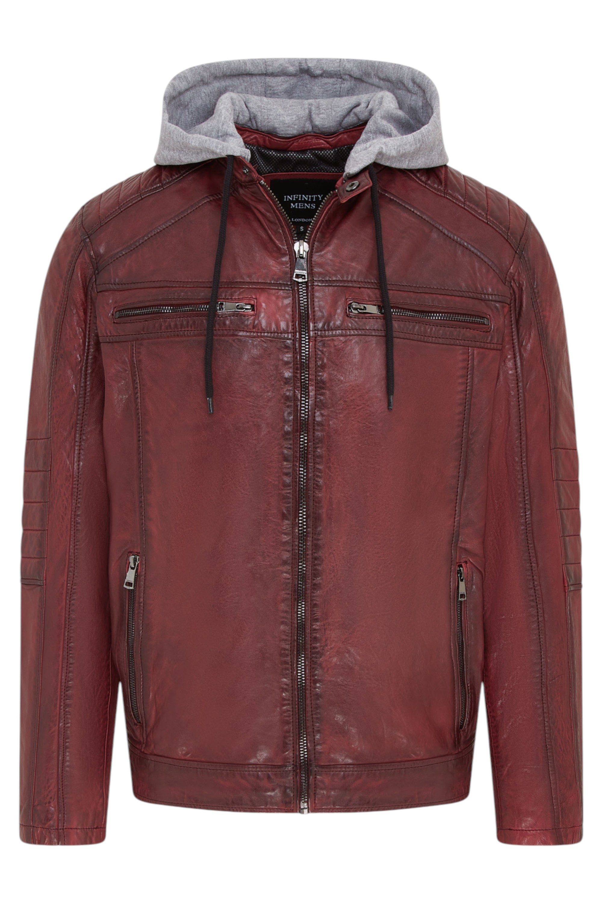 Herren Ox Red Kapuzenjacke aus burgunderrotem Biker-Lammleder - Burten Image