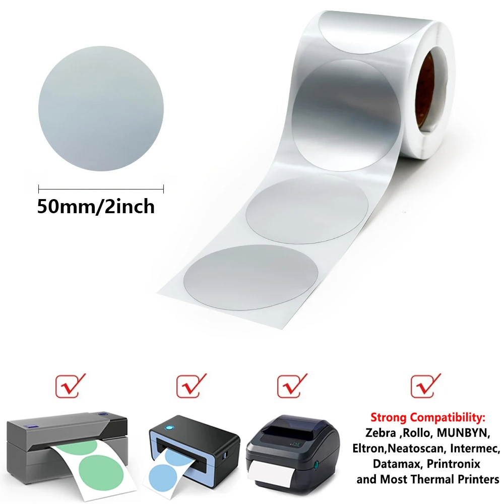 2 Zoll kreisförmige Thermo-Aufkleber-Etiketten Silber, selbstklebende, direkte runde Thermodrucker-Etiketten für DIY-Design, QR-Code, 500 Stück Image