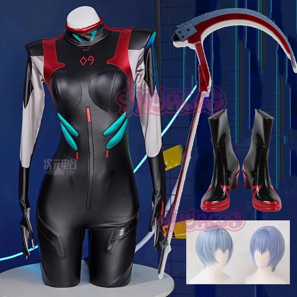 Sexy Anime AAyanamii RReii Cosplay Kostüm Ayanami RReii PU Schwarz Overall Halloween Cosplay Kostüm Perücke Schuhe Requisiten Zubehör