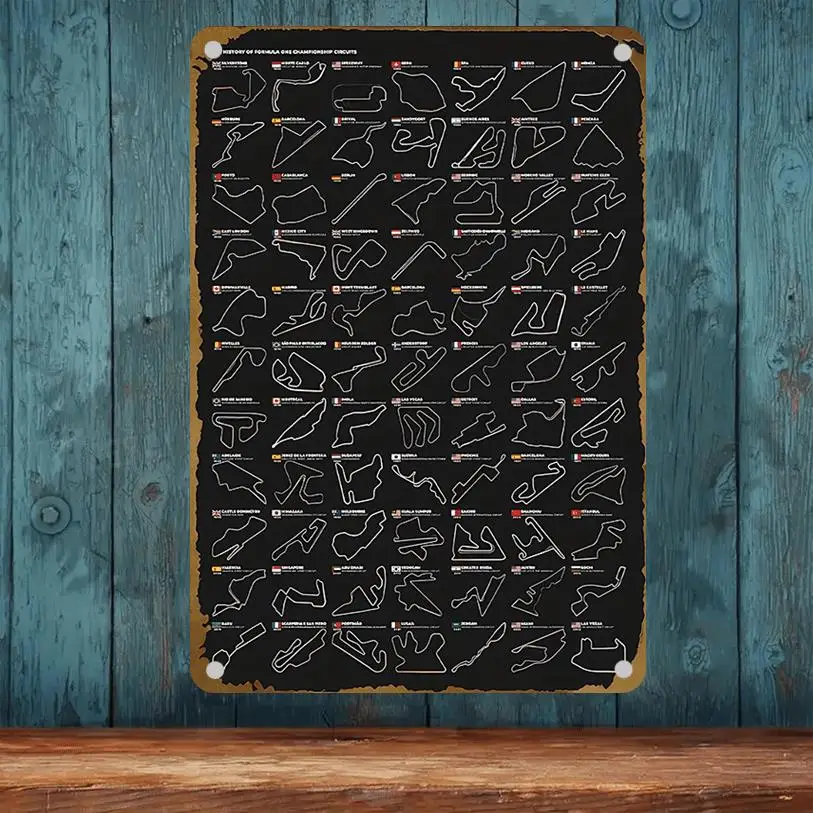 , Vintage Circuit Map Wall Art – 20,3 x 29,9 Zoll rahmenloses Eisen-Metallschild mit Global Race Track Contour Design, fertig zum Han Image