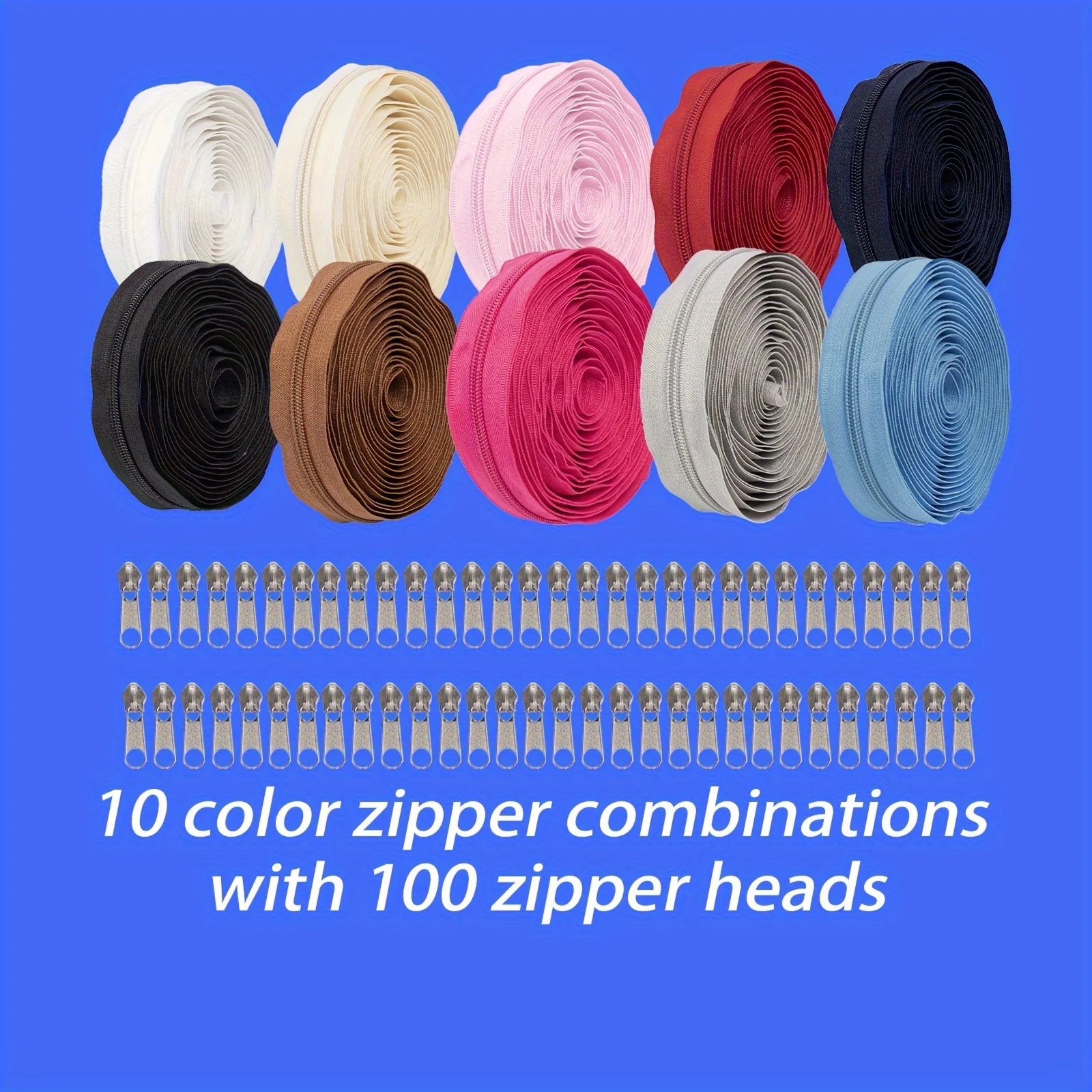 1 SET, 10 Farben Reißverschlüsse mit 100 silbernen Reißverschlussköpfen. Der Reißverschluss jeder Farbe ist 450 cm lang. Insgesamt 10 Rollen Reißverschlüsse Image