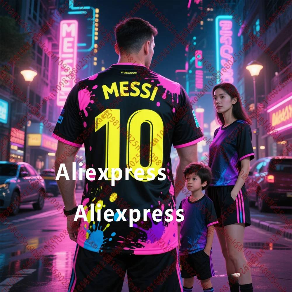 Neon - Splashed Messi 10 Soccer Jersey Set Matching Family Outfits Adult & Kid Black Base with Colorful Perfect for Soccer Fans