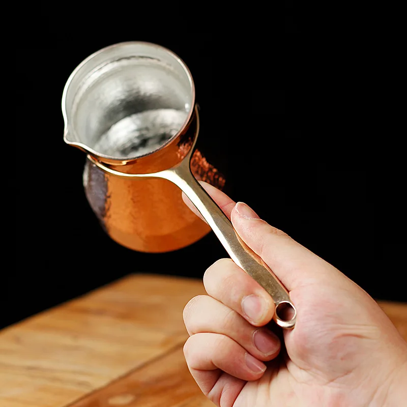 100/400 ml handgebrühte Kaffeekanne aus reinem Kupfer mit langem Griff, handgehämmerter Textur, italienischer Stil, hochwertige Herdkanne Image