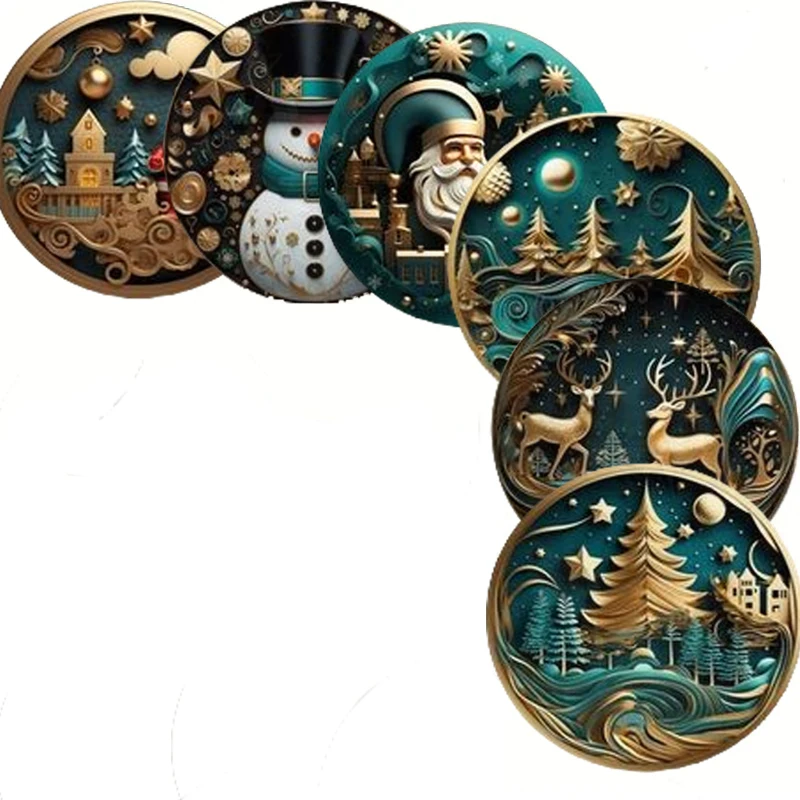 6 Stück/Set rutschfeste Untersetzer aus Holz mit Weihnachtsmotiv, geeignet für Heimbüros und Themenparty-Dekorationen Image
