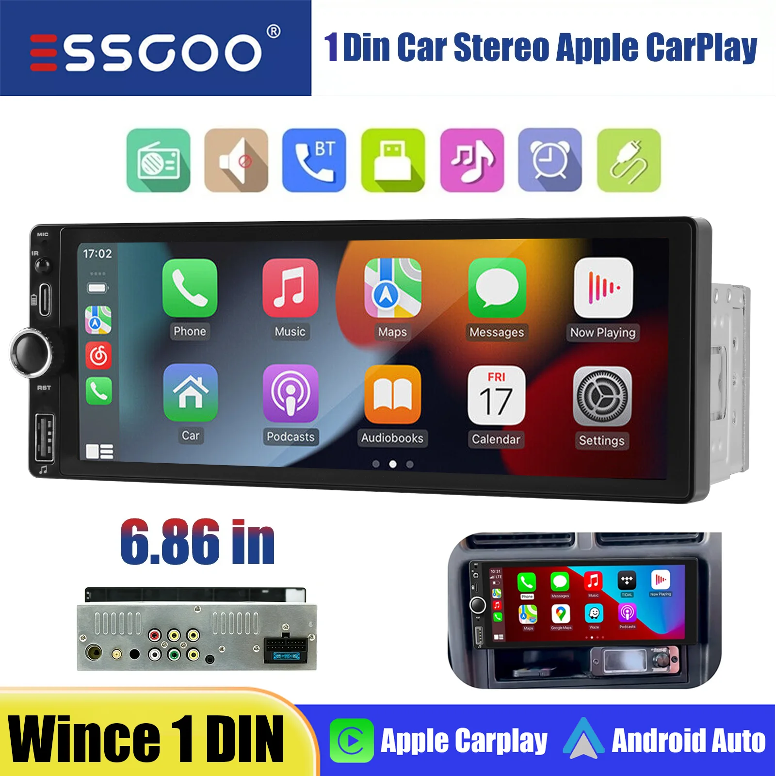 ESSGOO Einfaches Universales 1 Din Autoradio 6,86" HD Touchscreen - Wireless CarPlay Android Auto Bluetooth FM RDS Lenkradfernbedienung USB/Type-C/Aux-Eingang Mirror Link MP5 Player Image