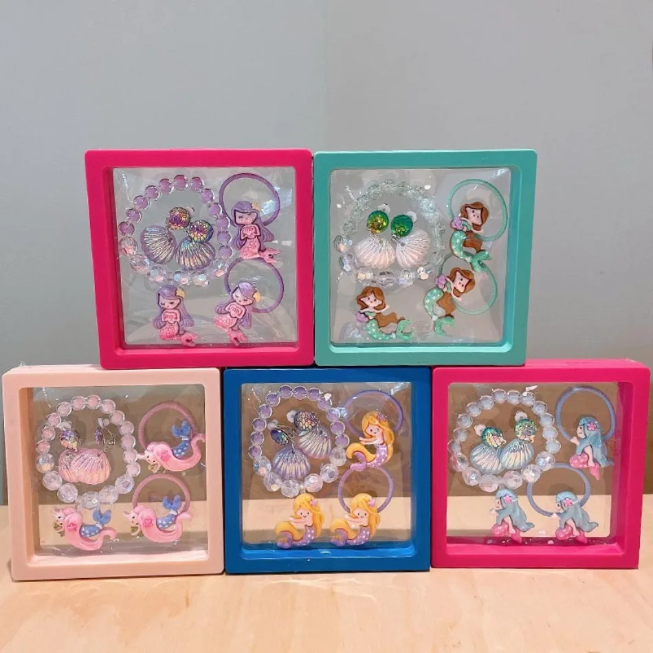 Wurf Mädchen Meerjungfrau Schmuck Prinzessin Dress Up Perlen Armband Nette Baby Ohr Clip Dünne Schnur Geschenk Box Kinder Zubehör ZX07 Image