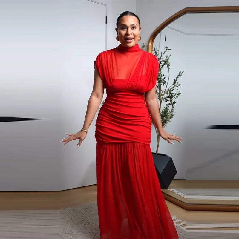 Chic Rot Plissee Abend Party Lange Kleider Elegante Fly Sleeve Mesh Patchwork Maxi Kleid Frauen Sommer Urlaub Strand Vestidos