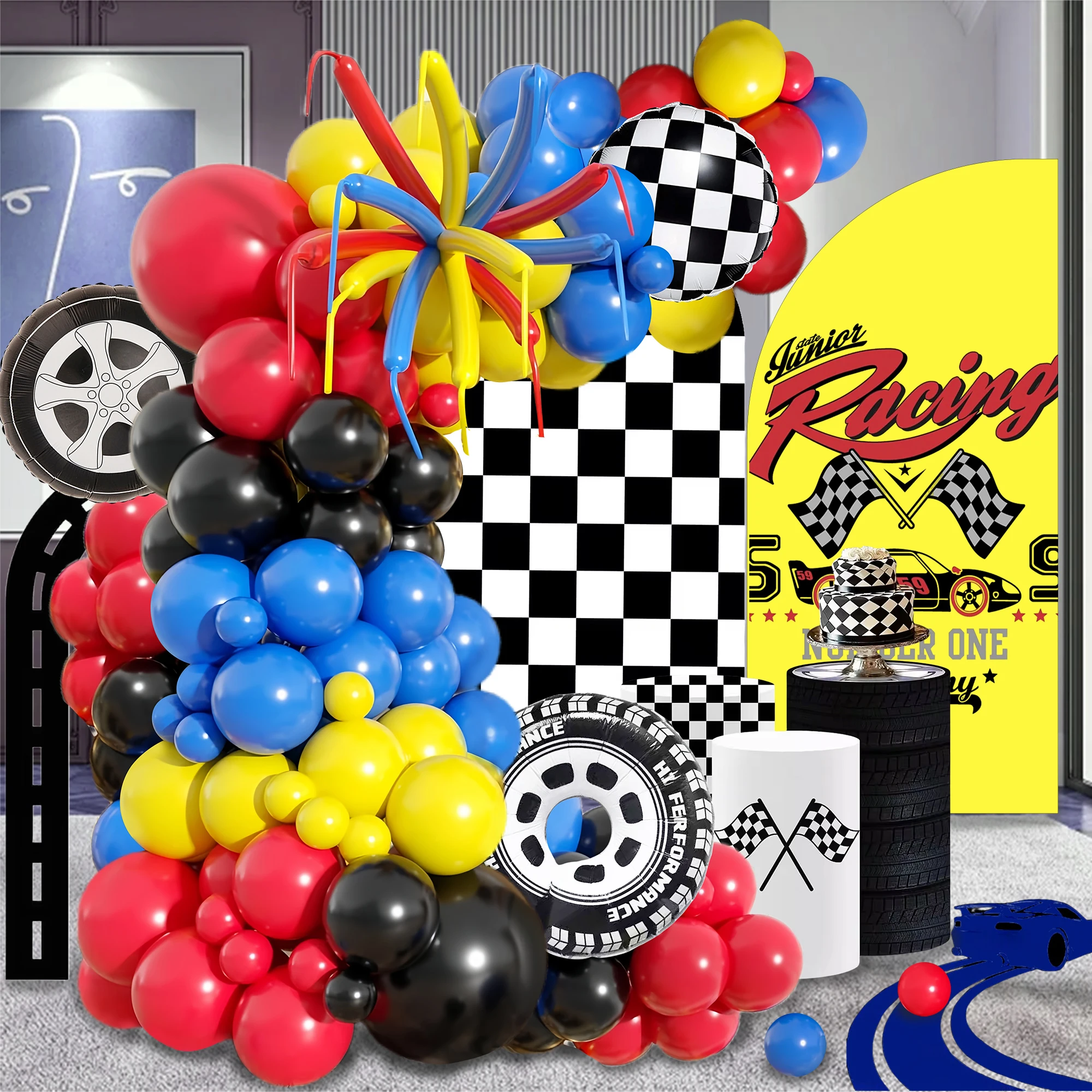 119-teiliges Rennsport-Themen-Ballonbogen-Set, rote, schwarze, gelbe und blaue Latexballons, kombiniert mit großen Reifen, 18 Zoll schwarz-weiß karierte Folienballons, geeignet für Geburtstage, Image