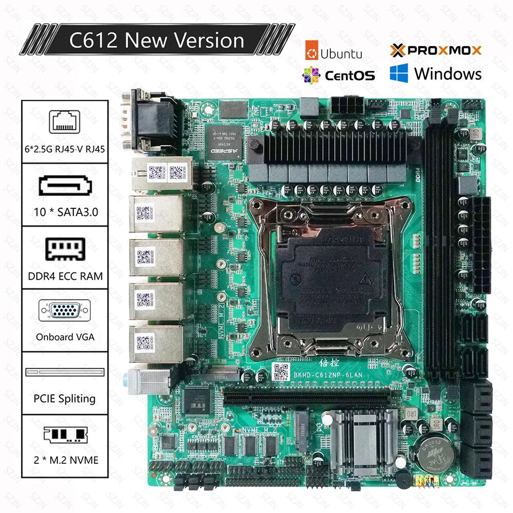 Neue Version C612 Motherboard für AIO NAS Router Sever 6x2,5 GbE I226 10xSATA 2xM.2 NVME Unterstützung Raid ECC RAM PCDN Motherboard Image