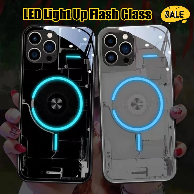 Custodia per telefono Tech-Forward in vetro flash illuminato a LED per IPhone 11 12 13 14 15 16 Pro Max Mini Xs Xr 7 8 Plus Cover antiurto