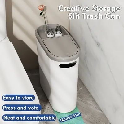1pc Narrow Garbage Bin, Suitable for Narrow Slits, 10L/2.64gal, Press Open Lid Garbage Bin, Can Fix Garbage Bags, Bathroom