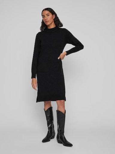 Strickkleid VILA "VIRIL CREW NECK L/S MIDI DRESS - NOOS", Damen, Gr. M, N-Gr, schwarz, Feinstrick, Obermaterial: 50% Viskose, 27% Nylon, 23% Polyester, unifarben, regular fit knielang, hoch geschlossener Ausschnitt, Kleider Image