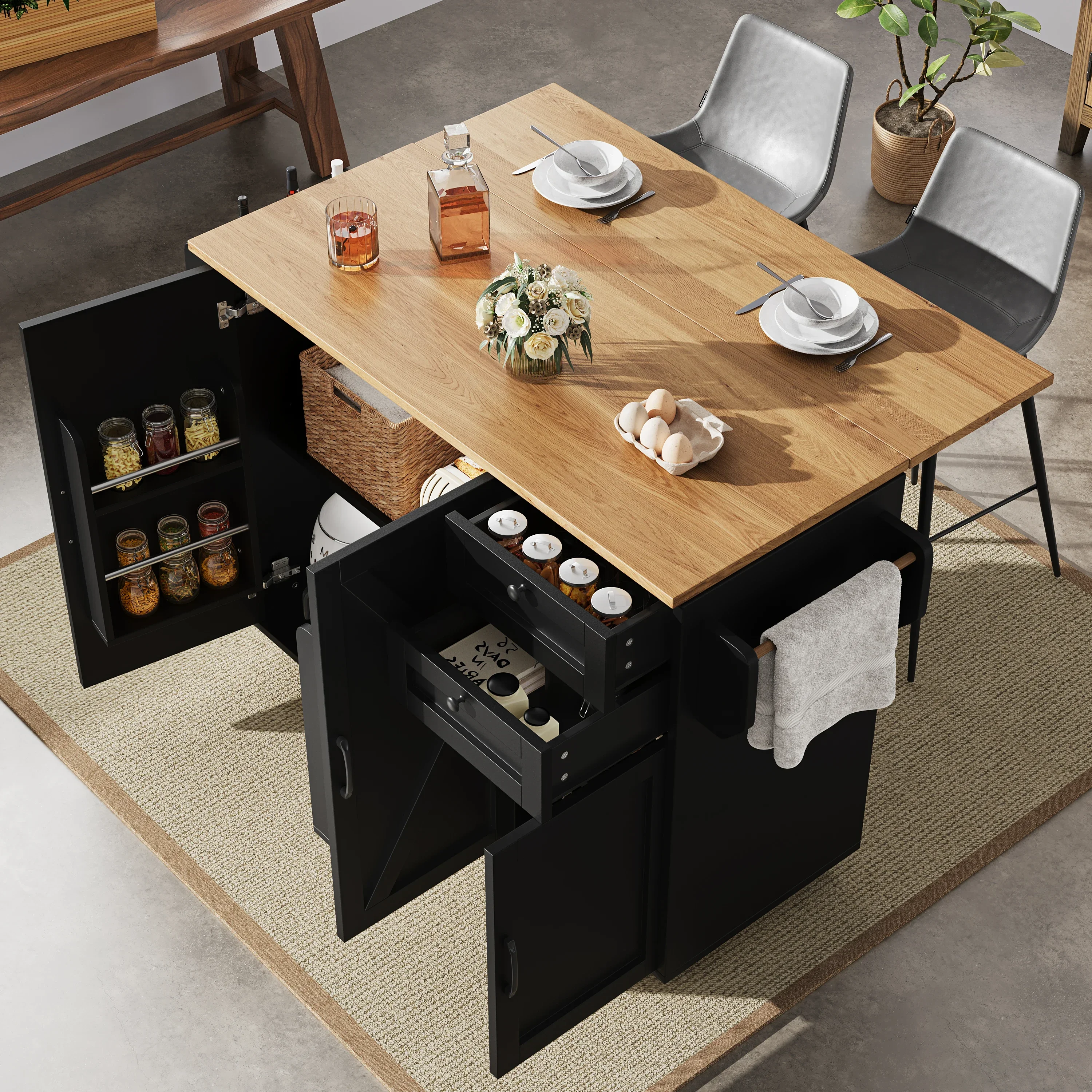 Armoire de cuisine moderne avec îlot, meuble de buffet, chariot à manger avec grain de bois, table à manger multifonctionnelle