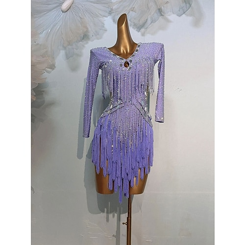 Lateinamerikanischer Tanz Kleid Quaste Spleißen Damen Leistung Training Langarm Hoch Spandex Image