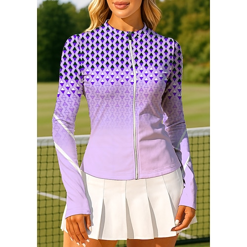 Damen Geometrisch Farbverlauf Oberteile Sporthemd Tennis Shirt Tennistop Langarm Reißverschluss Blumen UPF50 UV-beständig Hohe Elastizität Feuchtigkeitsableitend Atmungsaktiv Volleyball Tennis Image