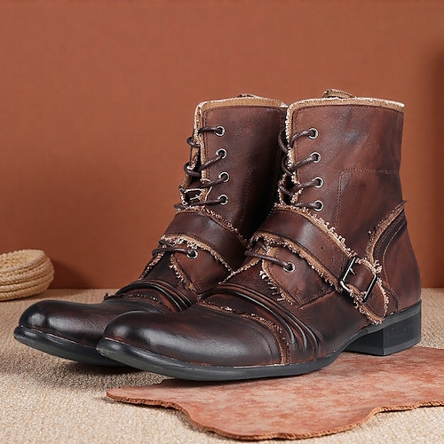 Herren Retro-Bikerstiefel aus braunem Leder – handgefertigte High-Top-Motorradstiefel mit Schnallenakzenten für Punk, Gothic und lässige Streetwear Image