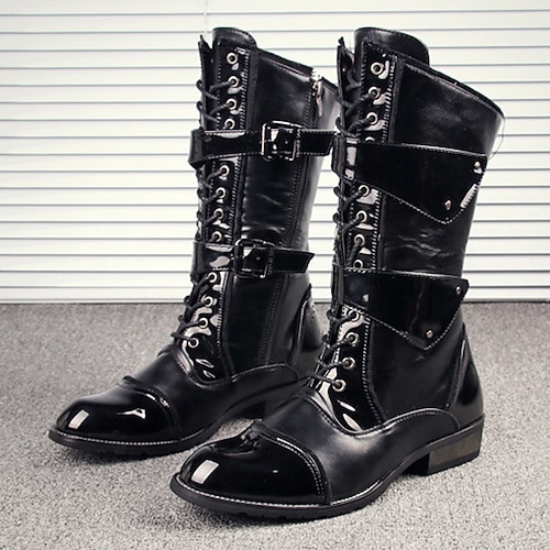 schwarze Punkrock-Kniestiefel für Herren – glänzendes Lackleder mit mehreren Schnallenriemen und Schnürung vorne für Gothic-, Biker-, Konzert- und Halloween-Outfits Image