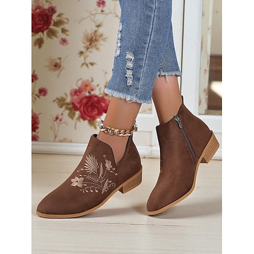 Rote Damenstiefeletten – Stiefeletten aus Wildlederimitat mit besticktem Reißverschluss und niedrigem Absatz für Weihnachten, Partys und den Freizeitstil Image