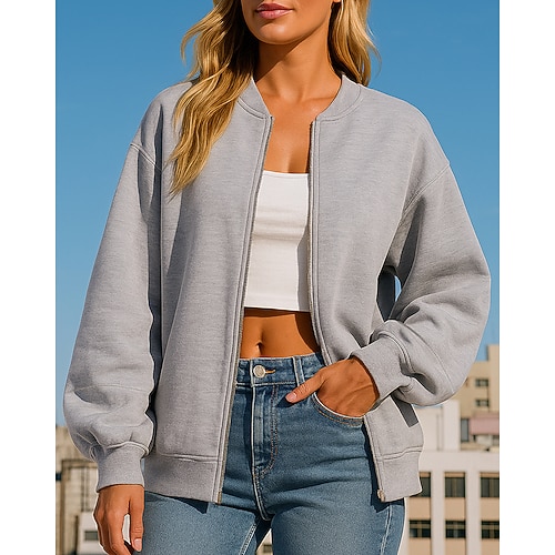 Damen Zip Up Sweatshirt Lounge-Oberteil Langarm Oberteil Athleisure Herbst Einfarbig Wandern Outdoor Reise Sportbekleidung Sportkleidung Schwarz Weiß Khaki Image