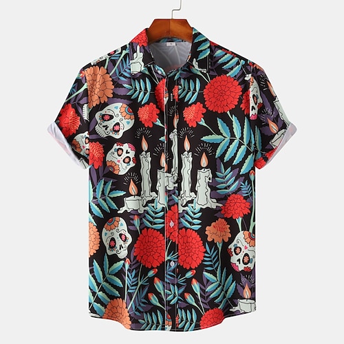 Herren Totenkopfe Blumen Hemd Sommerhemd Freizeithemd Kurze Ärmel Vintage Horror Urlaub Alltagskleidung Themenparty Frühling Sommer Revers Druck WeißSchwarz Schwarz Weiß Rote Blau Image