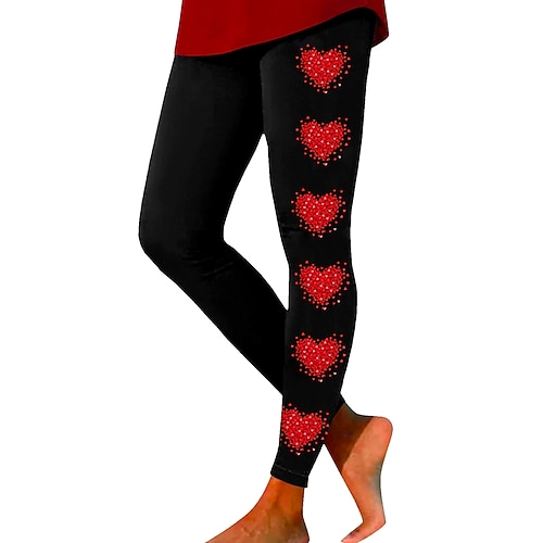 Damen Leggings Urlaub Vintage Mode Volle Länge Hohe Taille Herz Grafik Drucken Thermowarm Weich Atmungsaktiv Hohe Elastizität Täglich Outdoor Urlaub Weinrot Schwarz-rot kleiner Finger Frühling Herbst Image